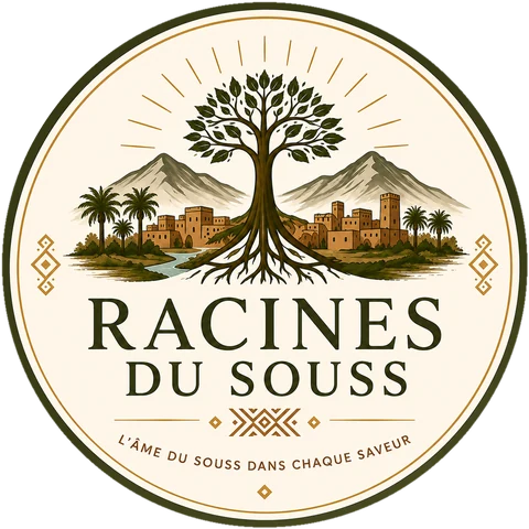 Emblème Racines du Souss : un arbre aux racines profondes devant une kasbah et les montagnes du Souss
